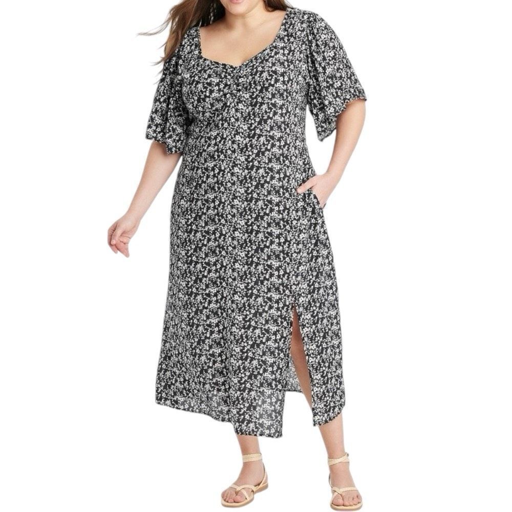 NEW A New Day Black/White Floral Crepe Flutter Short Sleeve MIDI Dress 4X